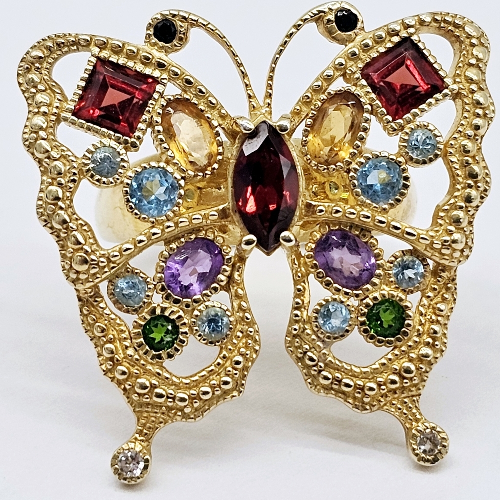 Large 925 Silver Butterfly RING 14K Over Sterling Multi Colors Gemstone Size 7